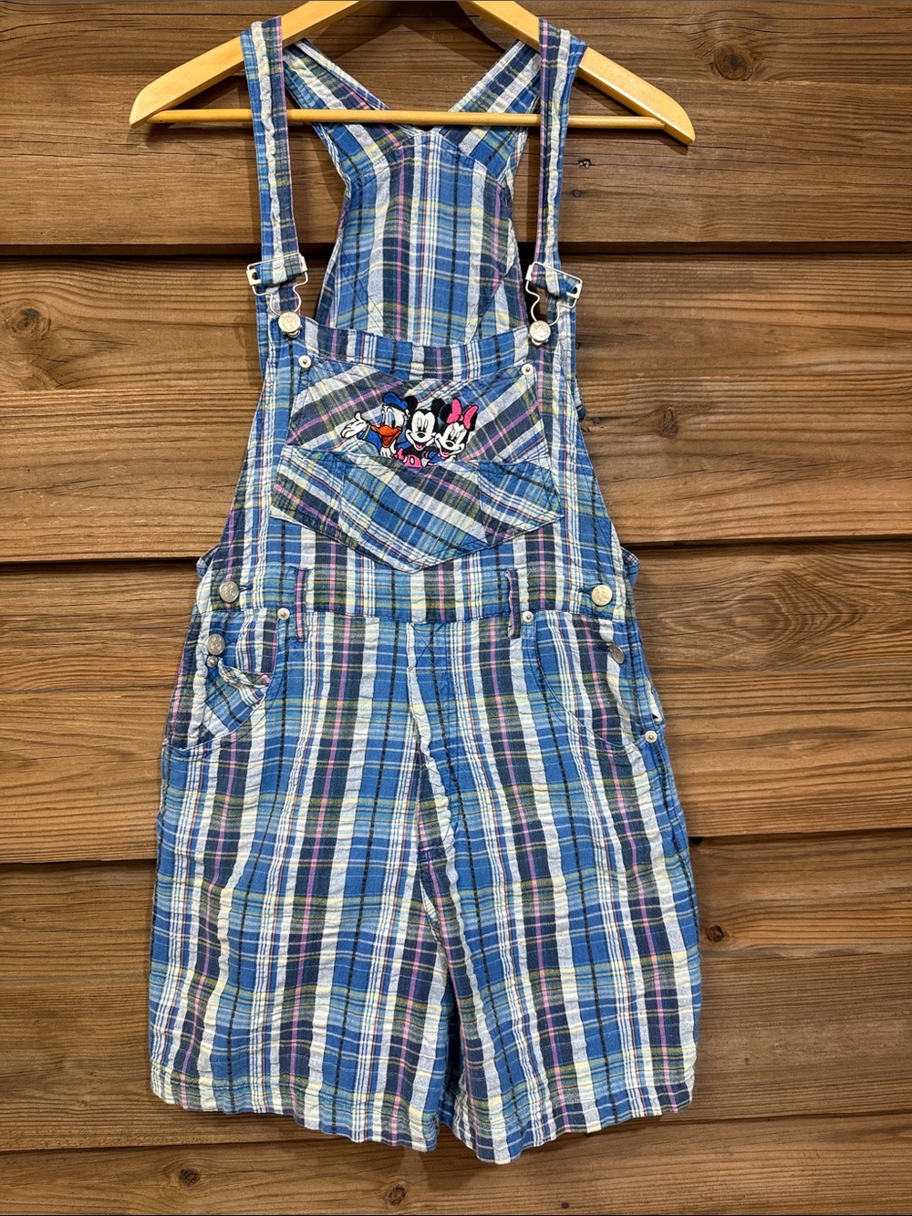 90s Mickey Plaid Overall Shorts